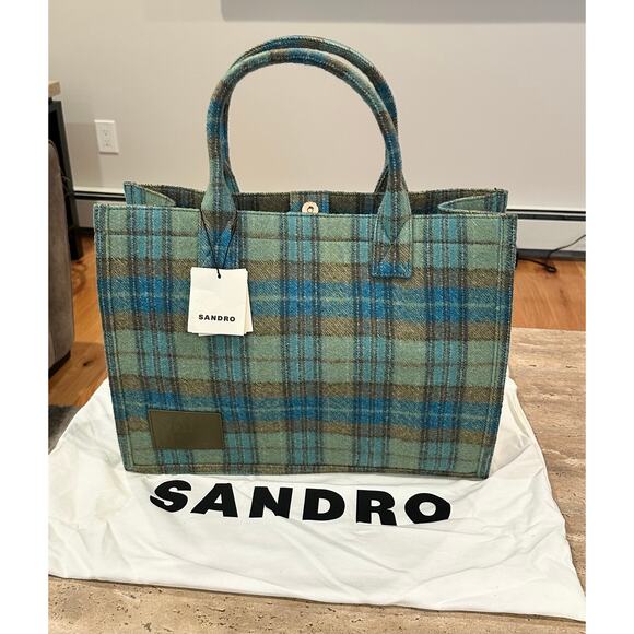 NEW Sandro Kasbah Checked Brushed Felt Tote Blue Green Yellow - Picture 5 of 10